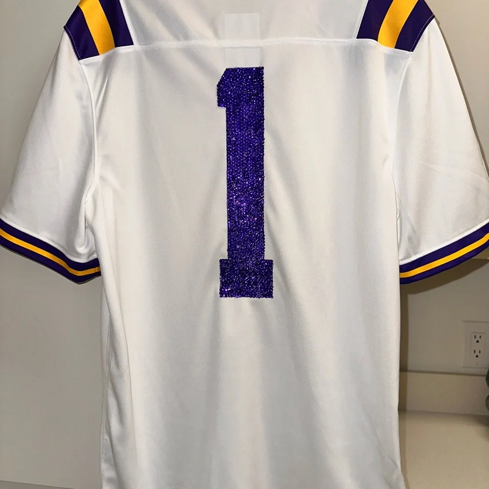 Rhinestone Bedazzled LSU football Nike white jersey